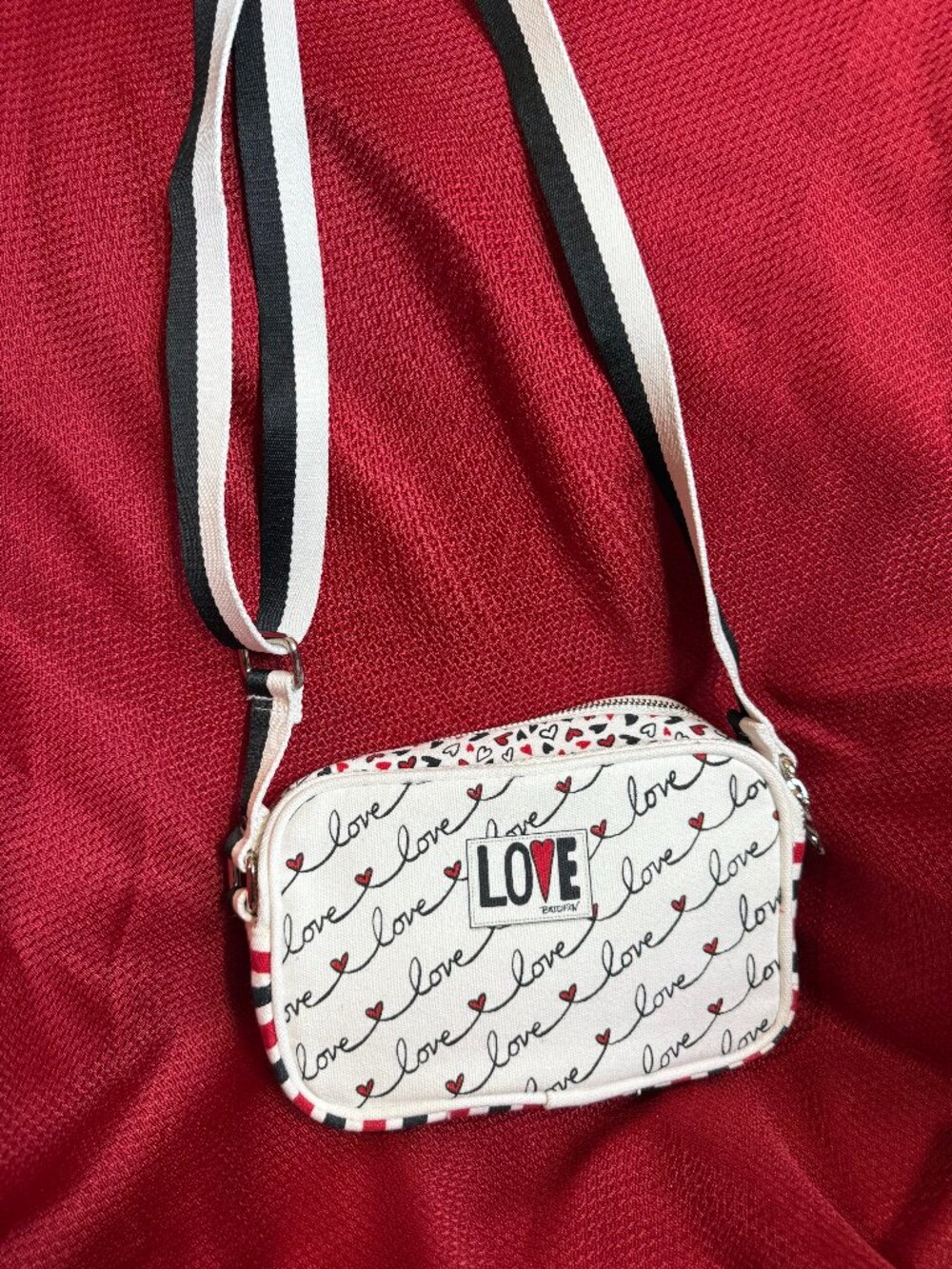 Brighton Love Script Canvas Crossbody Camera Bag Red Black White